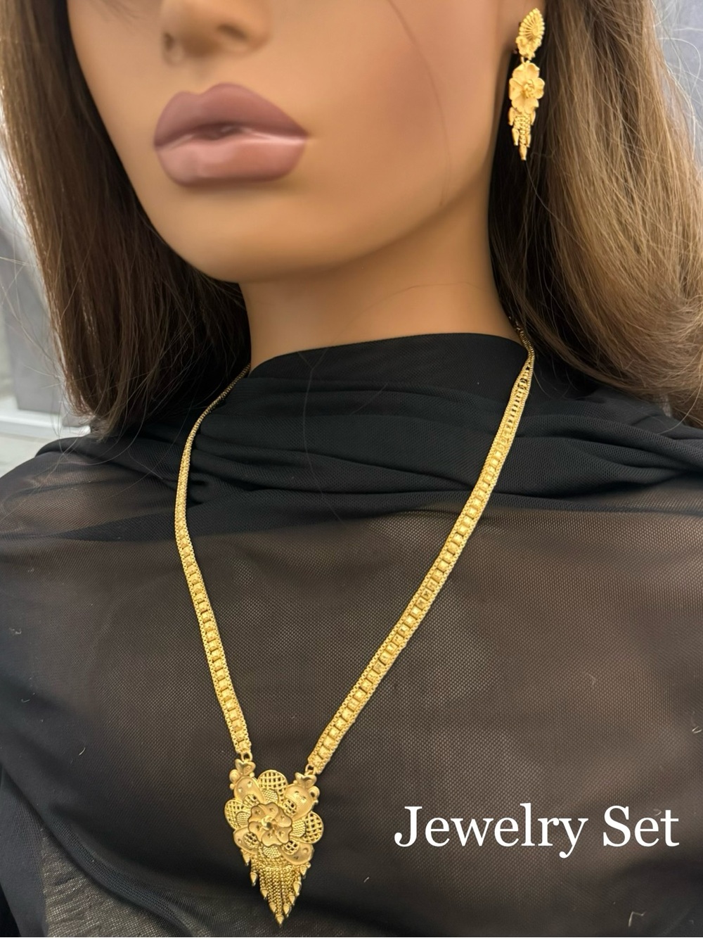 Gold Floral Pendant Necklace - Women's Statement Necklace, 24k Dubai gold plated